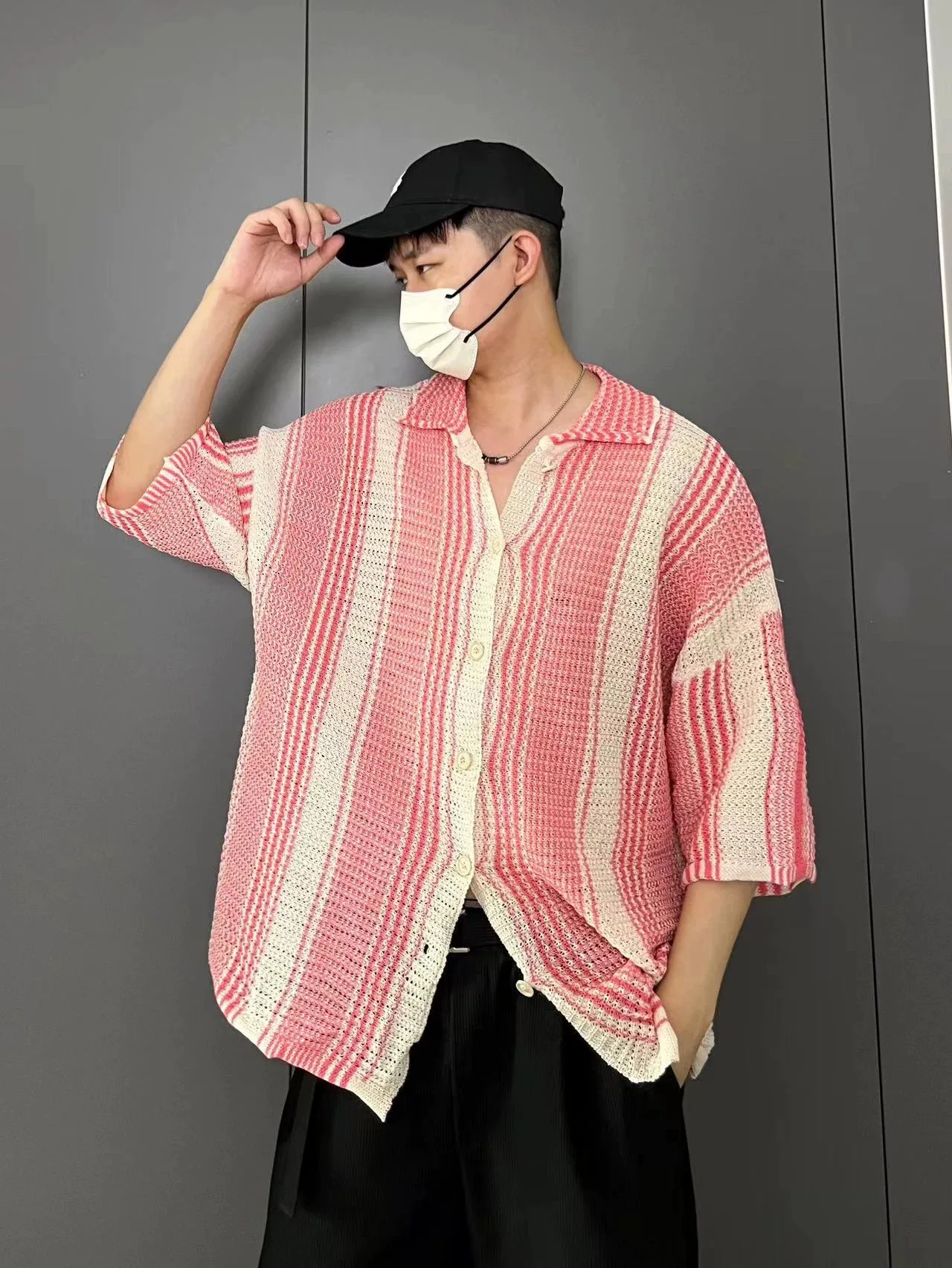 Contrast Color blocking retro male shirts summer trend loose collar casual knit tops chic ins thin striped shirt sexy tops