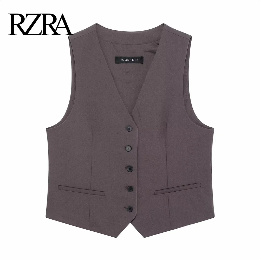 

2025 RZRA Spring New Women's Fashion Casual Solid Color V-neck Single breasted Tripper Strap Decoration Sleeveless vest