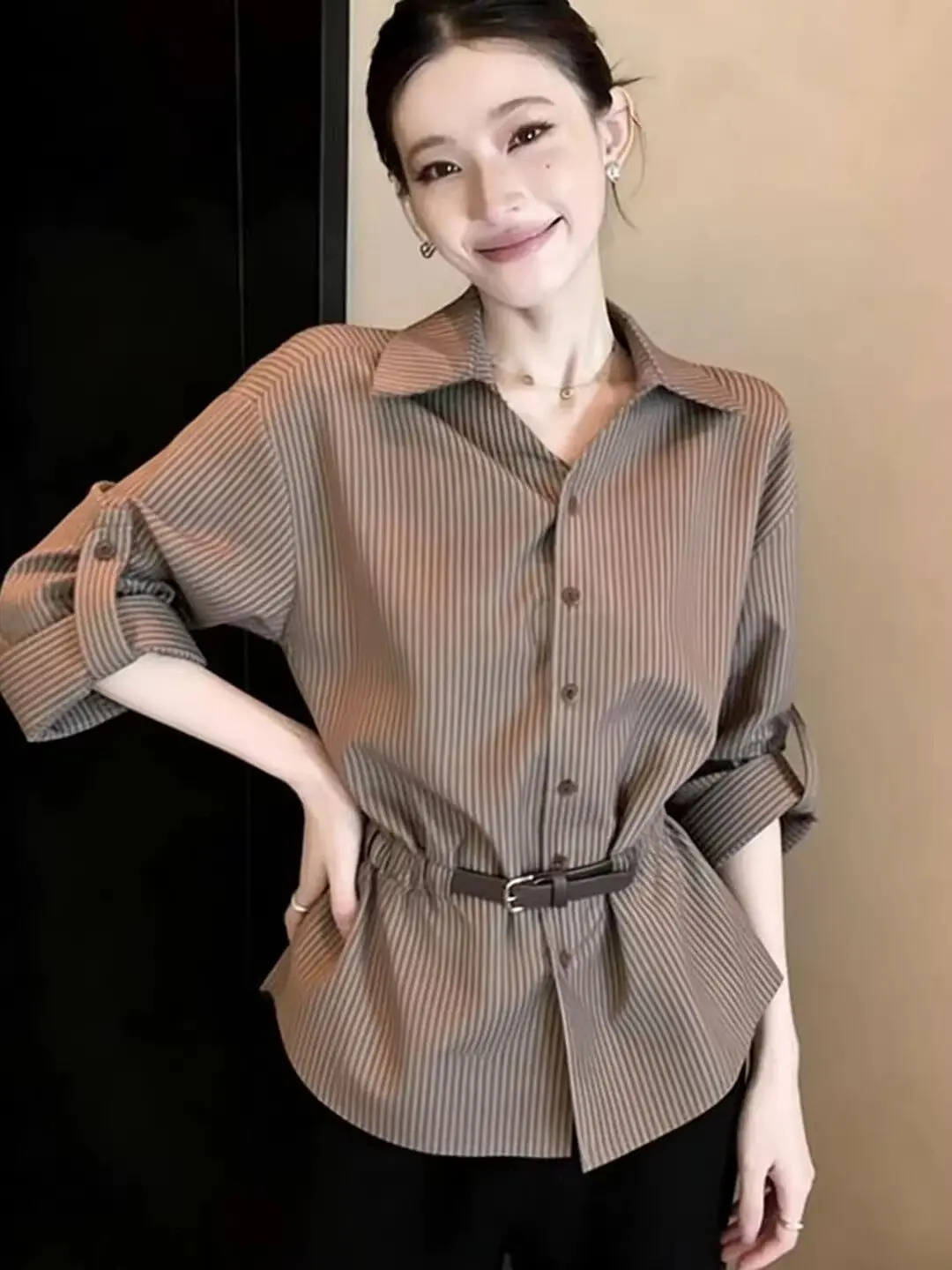 

Slim Fit Vintage Striped Waist-Cinching Shirt Women's Loose Long Sleeve Spring Summer Slimming Age-Defying Unique Top