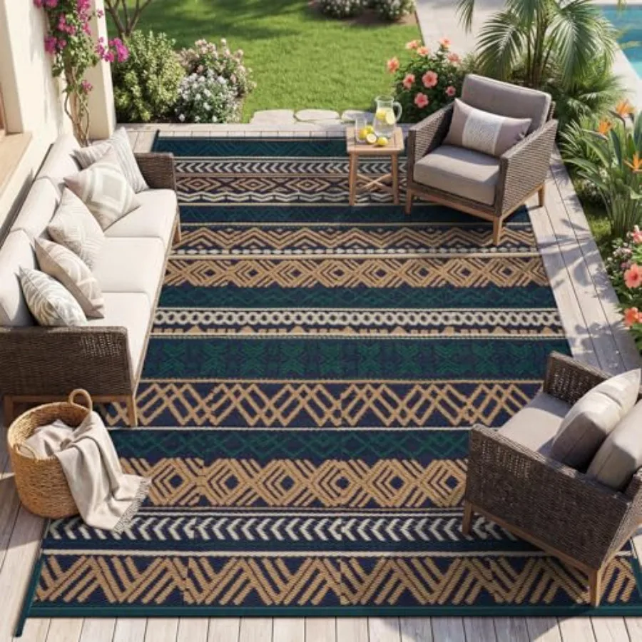 

Outdoor patio rug carpet, waterproof plastic straw material, reversible beige and brown boho design, ideal for balcony, porch,