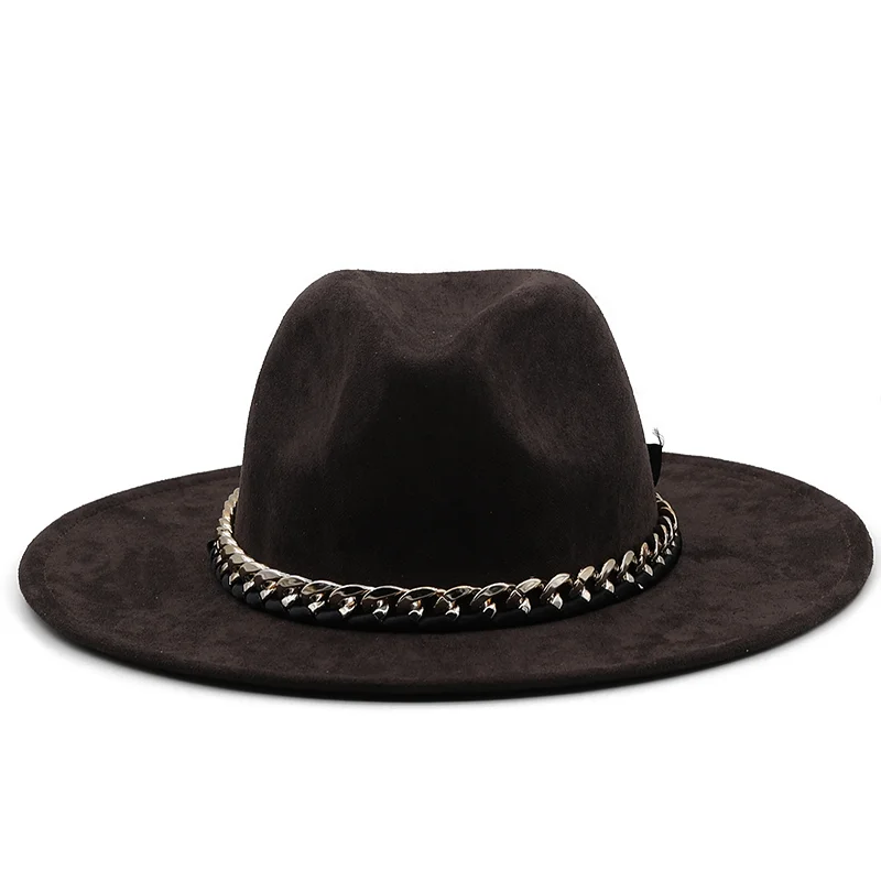 Suede Gold chain belt Fedora Hats Women Men Felt Vintage Style with Feather Band White Hat Flat Brim Top Jazz Panama Cap