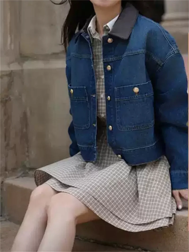 Women Fashion Splices Turn-Down Collar Single Breasted Coat or A-Line Pleated Zipper Skirt 100% Cotton Short Denim Jacket