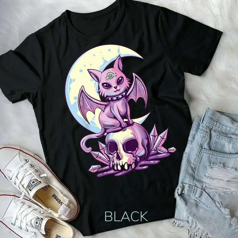 Pastel Goth Wiccan Cat Cute Creepy Witchy Cat and Skull Unisex Form T Shirt