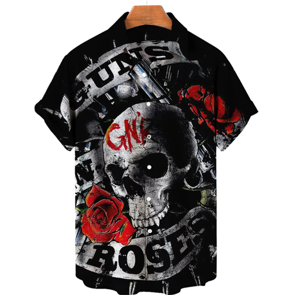 Skull Bullet 3d Print Men\'s Hawaiian Retro Casual Social Shirt For Man Summer Street Mens Fashion Camisa Slim Fit Floral Blouse