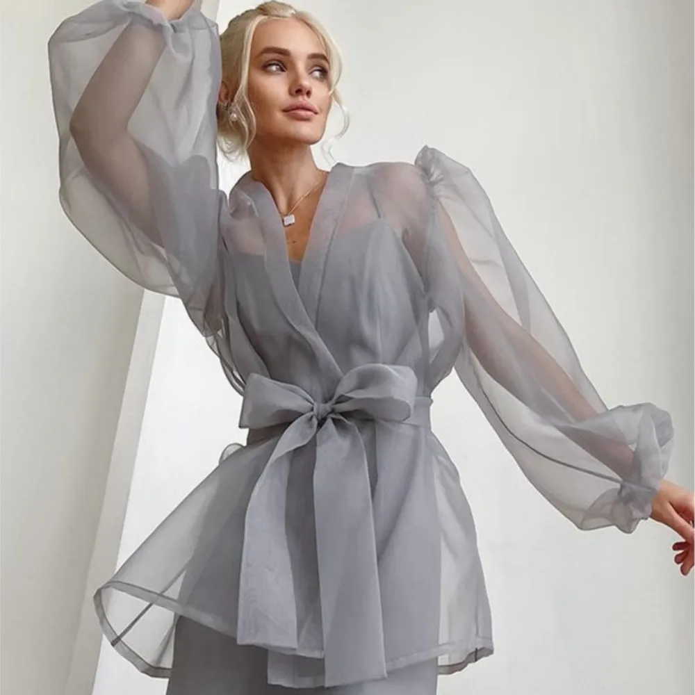Sheer Mesh Tie Waist Puff Sleeve Open Front Women Blouse Tulle Solid Sexy Loose Layering Cover Up Top Shirt Elegant Party