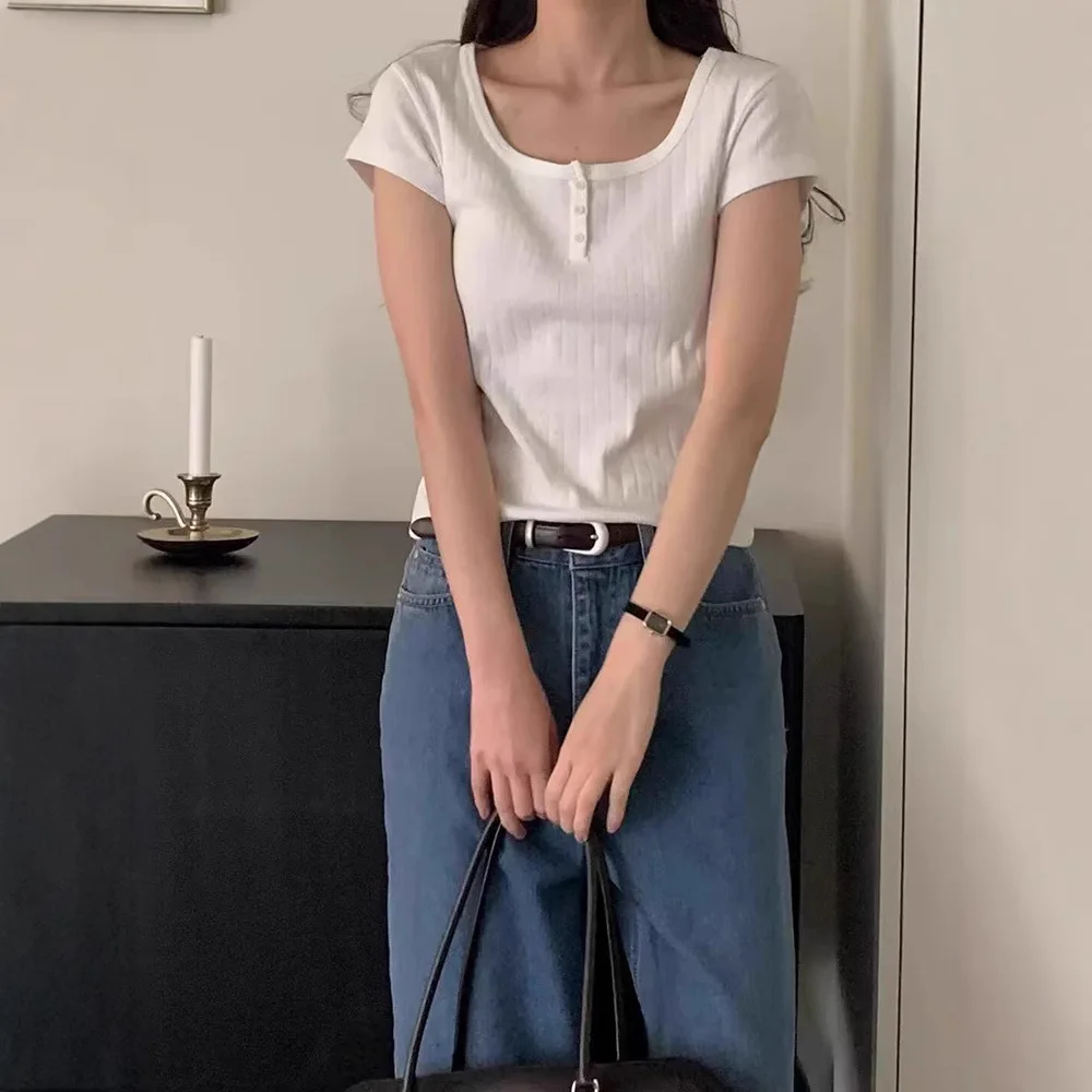 Vergamot25 Zomer Pure Kleur U-Ne Slim Fit Dames T-shirt Casual Sle Ort Sve Gebreide Katoenen Top Klassiek Patroon