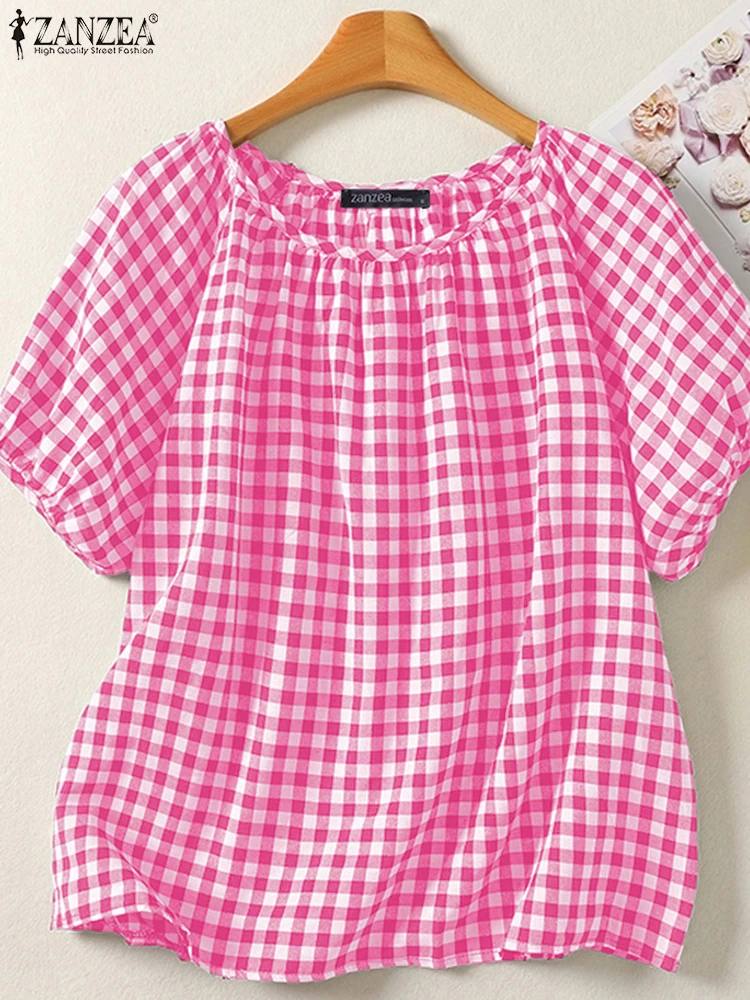 

ZANZEA 2025 Summer Fashion Gingham Blouses Women Casual Round Neck Short Puff Sleeve Checked Blusas Mujer Streetwear Chemise Top