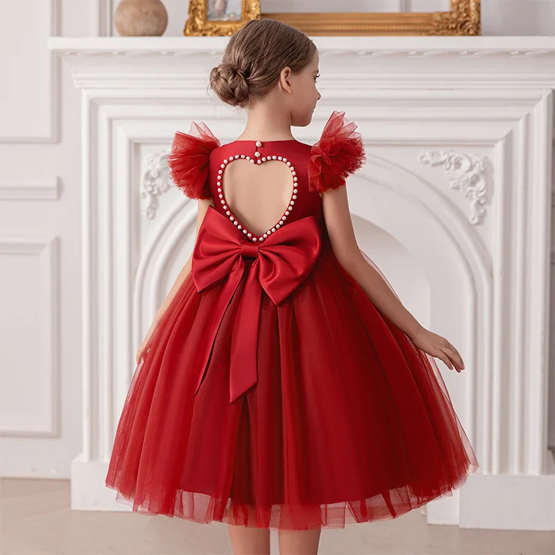 

Flower Girls Beading Big Bow Backless Dress For Children Performance Christmas Wedding Birthday Party Formal Pageant Prom Gown