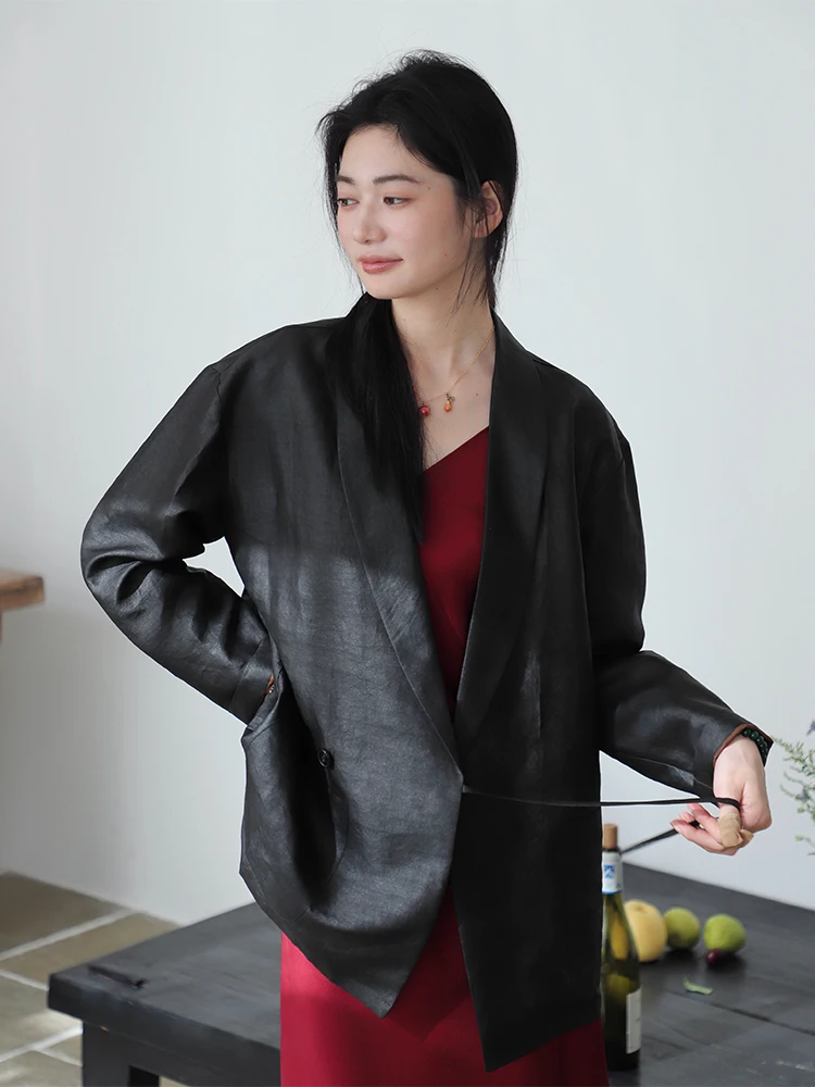 

Мягкий золотистый шелковый костюм с широкими плечами в этническом стиле, модная деловая женская одежда из чистого шелка, дышащая, повседневная