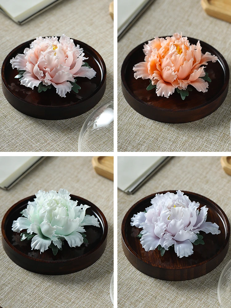 Intangible cultural heritage hand-pinched peony porcelain flower ornament ceramic office Chinese desktop handmade home jewelry