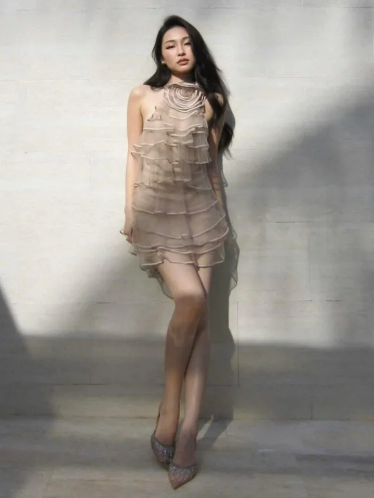 Sexy alta pescoço babados retalhos mini vestido feminino sem mangas sem costas em camadas vestidos finos festa de noite vestidos de cocktail