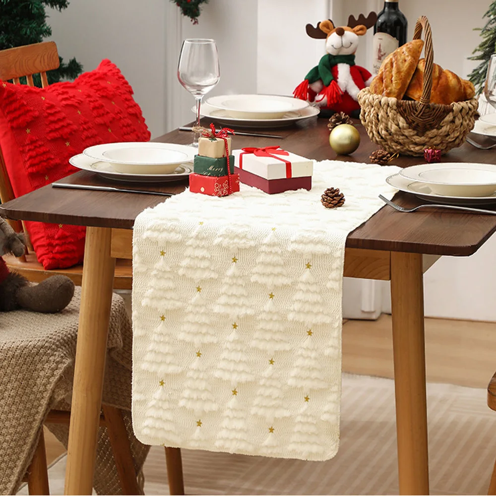 

Soft Plush Faux Fur Jacquard Beige Christmas Tree Table Runner,Seasonal Autumn Kitchen Dining Table Runner for Home Party Decor