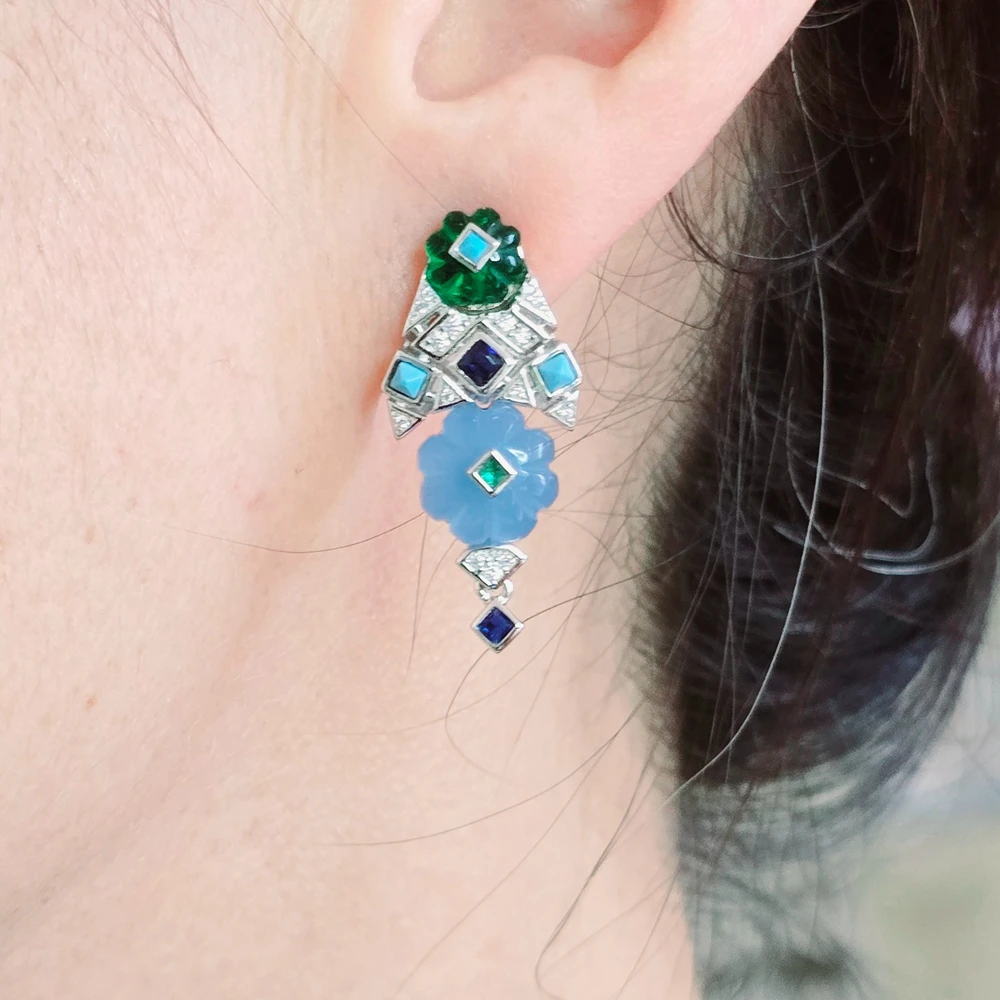 

KQDANCE Роскошные однотонные серьги из серебра 925 пробы с синим сапфиром, высокоуглеродистый бриллиант, зеленый драгоценный камень, серьги в фруктовом стиле для женщин, юбилей