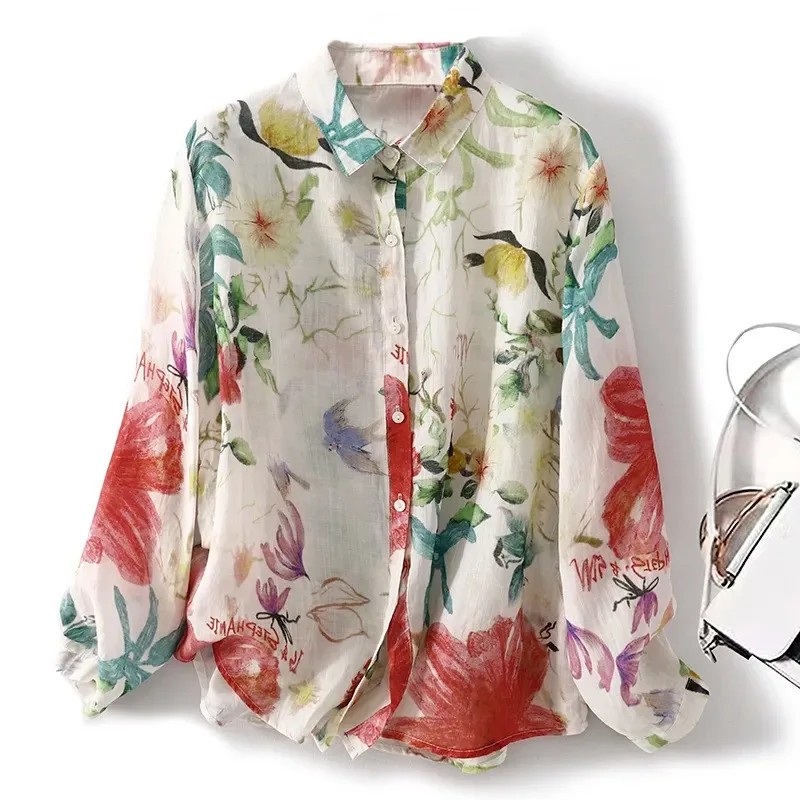 

Women's Floral Print Linen Shirt Long Sleeve Button Down Casual Loose Fit Blouse for Summer