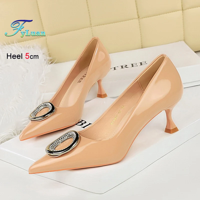 2025 Simple 5cm Women's Pumps Patent Leather Shallow Mouth Pointed Metal Rhinestone Buckle Single Shoe Ladies Medium Heel Shoes