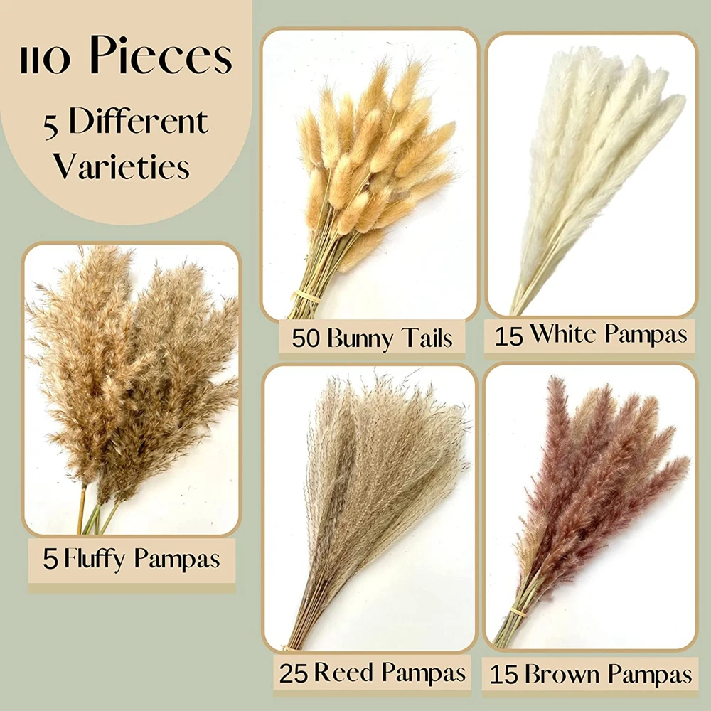 110Pcs Fluffy Pampas Dried Flowers Bouquet Natural Bunny Rabbit Tail Grass Artifical Flower for Farmhouse Wedding Party Decor