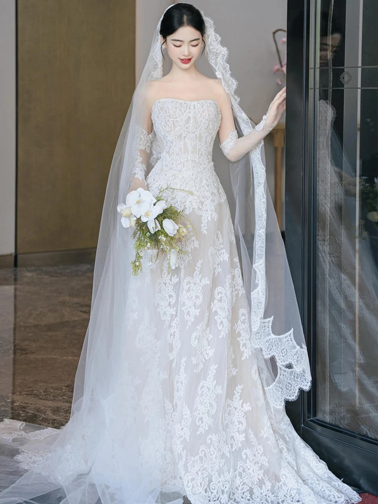 

Ele Lace Bridal Gown with Sling Straps for Wedding Entrance Small Train Welcome Dr Vintage Sle No Sve oulder