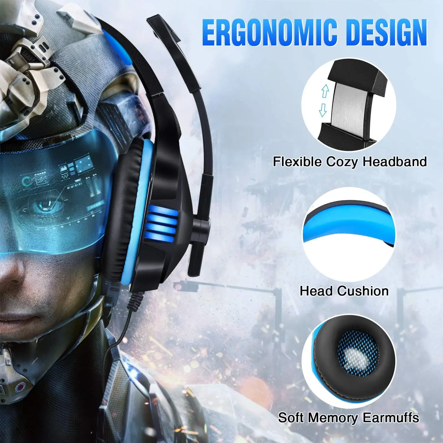Over Ear Gaming Headset for Xbox PS4 PS5 PC Mobile Devices with Noise Cancelling LED Mic Deep Bass Memory Foam Earmuffs