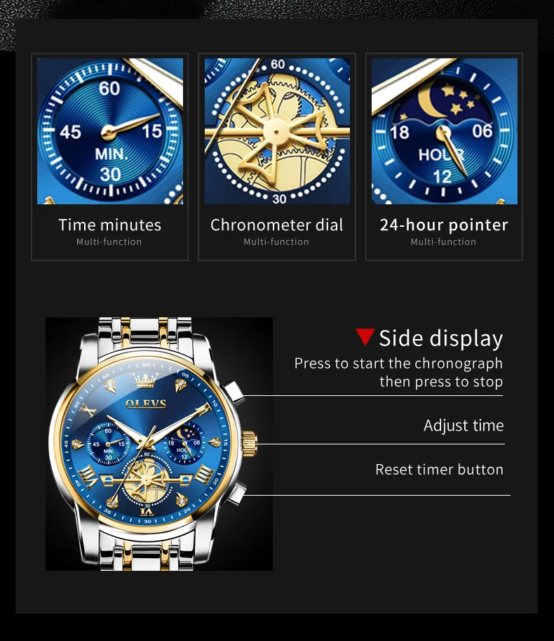 OLEVS 2856 Quartz Watch for Men Flywheel Skeleton Chronograph Moon Phase Multifunctional Stainless Steel Men's Wristwatches