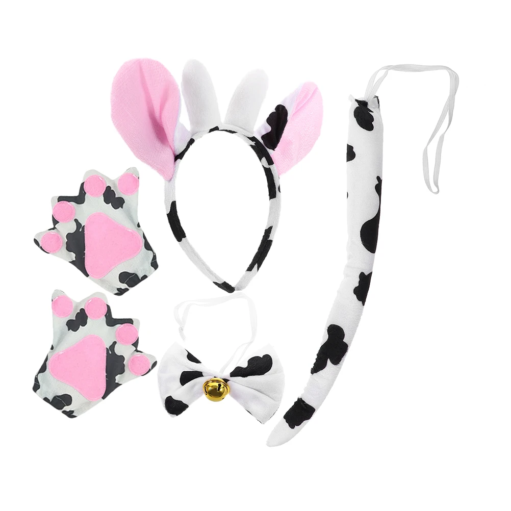 

1 set Cow Headband Set Costume Accessory Kids Animal Ears Hairband Cosplay Props Tail Bowtie Milk Cow Party Accessories