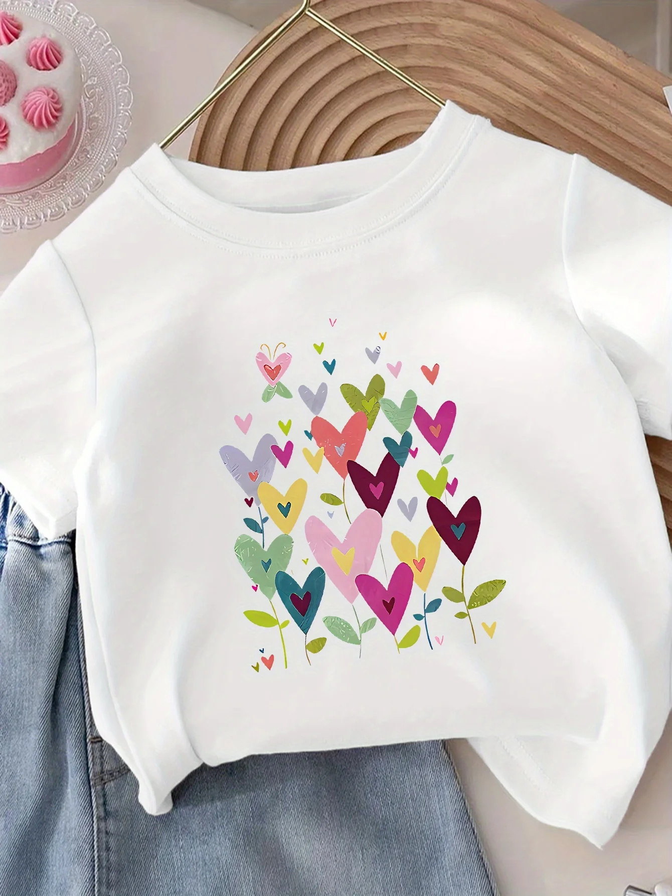 

Girls Casual Short Sleeve TShirt Vibrant Pink Playful Heart Leaf Print Round Neck Summer Top Soft Breathable Fabric Girls Shirts