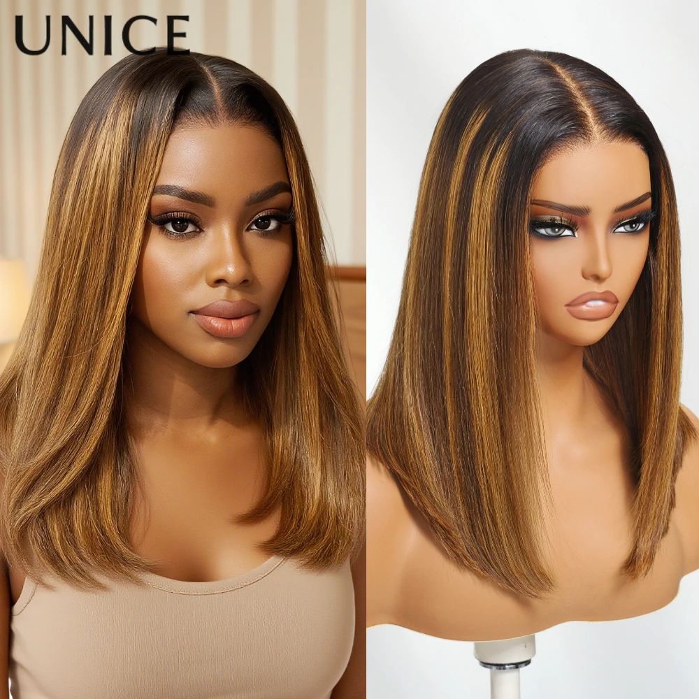 UNice 7x5 Bye-Bye Slip™ Lace Glueless Brown With Blonde Piano Highlights Straight Bob Wig Ready-to-go Glueless Human Hair Wigs view 2