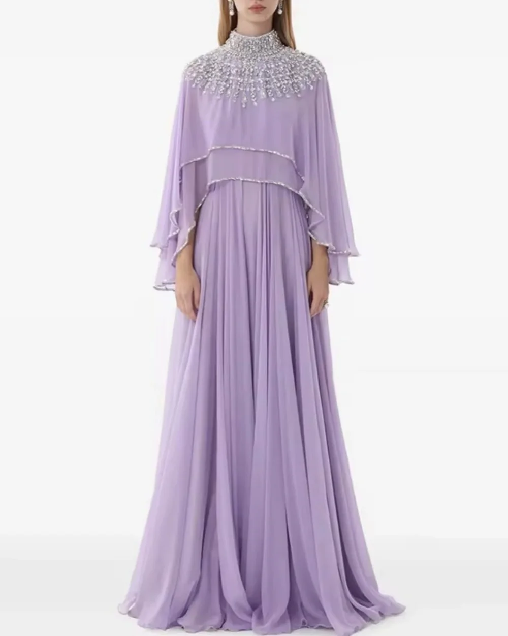 

Customized Exquisite Women Chiffon Rhinestone Beading A-line Evening Dresses Elegant High Collar Sleeveless Floor Lenght Dresses