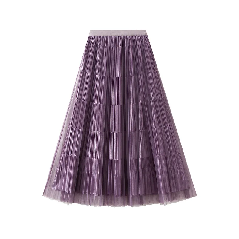 

Long Maxi Pleated Tulle Skirt for Women Spring Summer Double-sided Velvet Skirt Female Vintage Solid Color A-line Skirt Purple