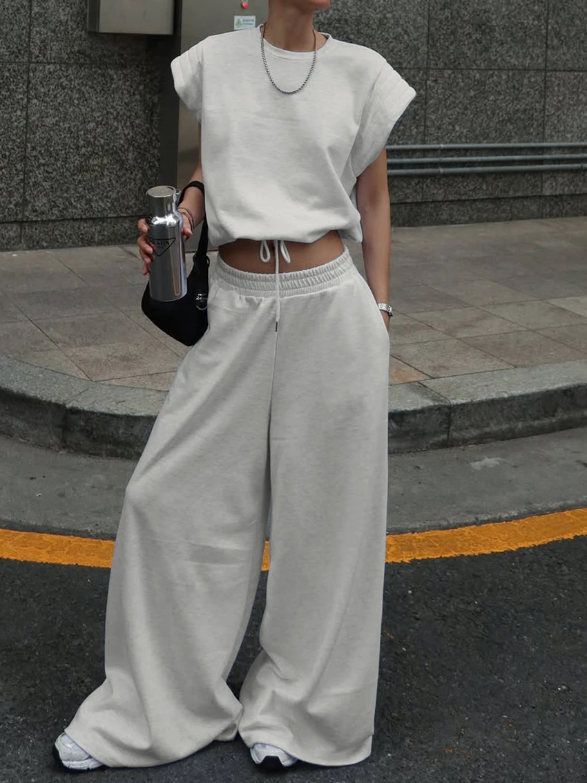 

Marthaqiqi Casual Ladies Nightgowns 2 Piece Set O-Neck Sleepwear Short Sleeve Nightwear Wide Leg Pants Loose Female Pajamas Suit