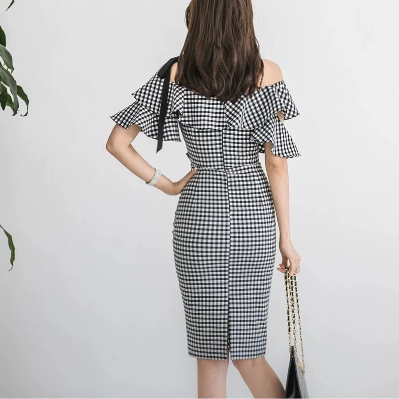 Women Plaid Flounce Neck Dress Off Shoulder Business OL Lady Office Dress Elegant Sexi Party Dinner Date Banquets Koren Dresses