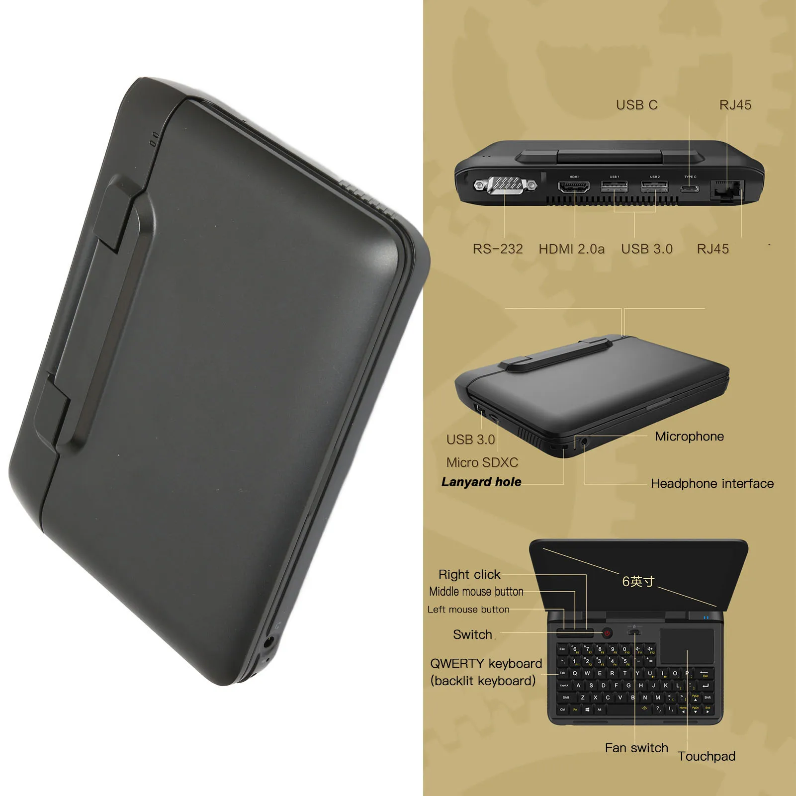 Handheld Laptop Quad  256GB M.2 SSD Wide Viewing Angle 8GB DDR4   PC Laptop 2.4G 5G for Office