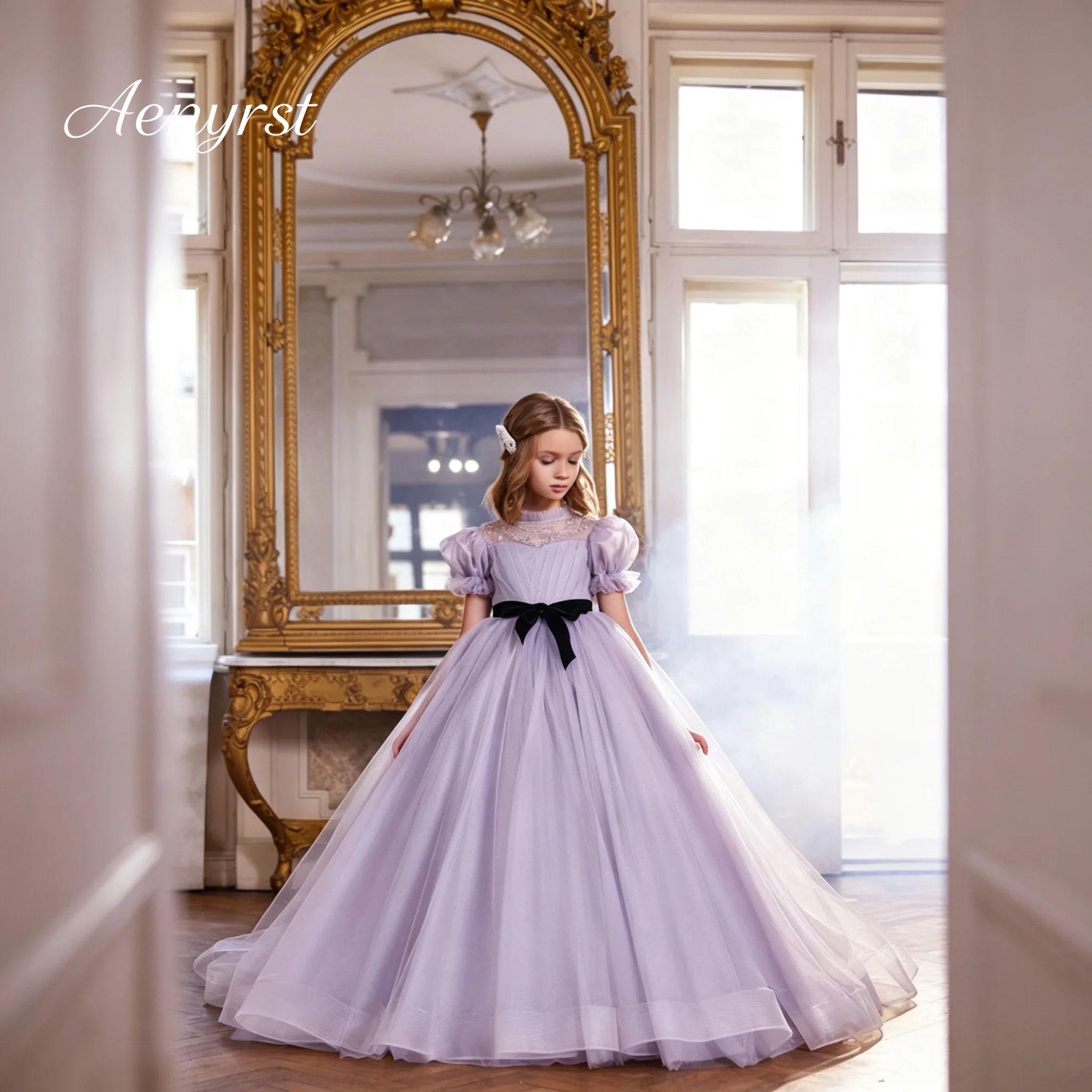Elegant Lavender Floor‑Length Girls Pageant Formal Gown Puff Short Sleeves Beaded Mesh High Collar Black Bow Sash Party Dress