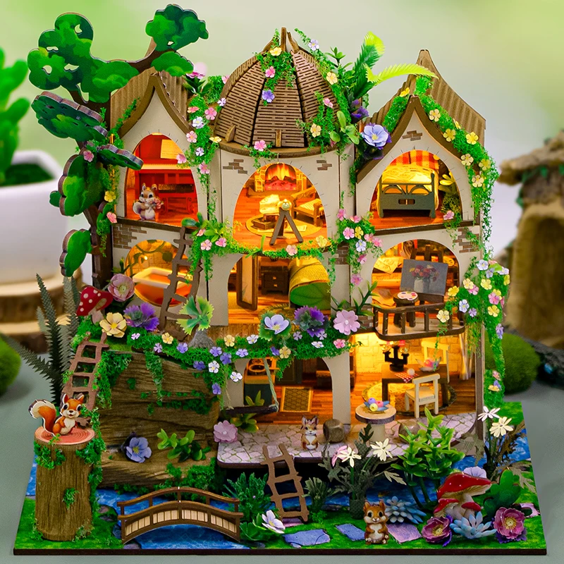 DIY Houten Miniatuur Model Kit Bos Kasteel Cottage Mini Poppenhuizen 3D Puzzel Poppenhuis Met Meubels Vrienden Verjaardagscadeaus