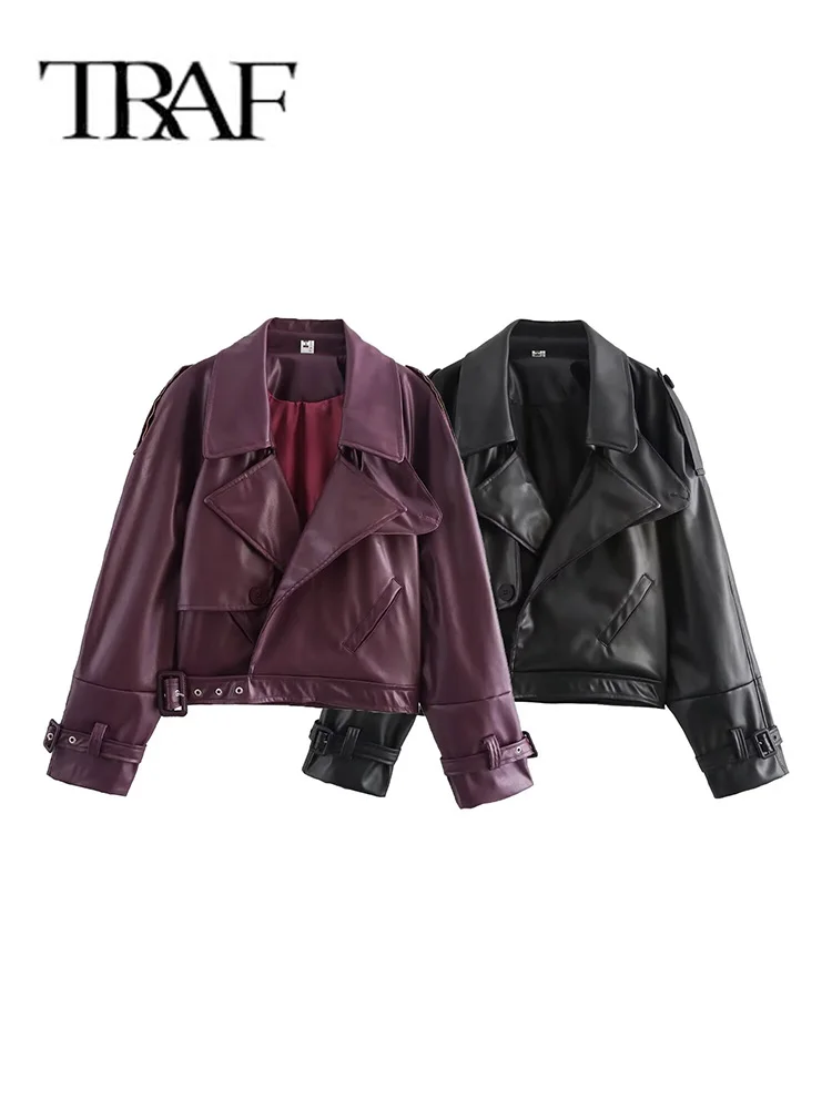 TRAF Women Faux PU Leather Jacket 2024 Casual Lady Lapel Zipper Short Leather Jacket High Street Motorcycle Coat