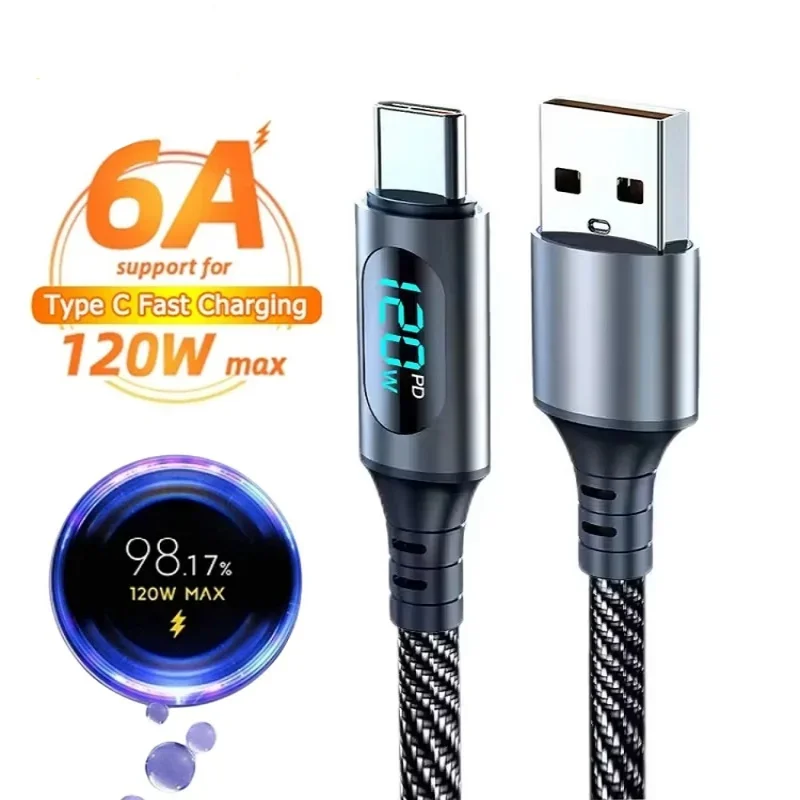 6A 120w Data Cable Usba To Type C Super Fast Charging Cable Nylon Cable For Xiaomi Poco Samsung With Led Digital Display Cable