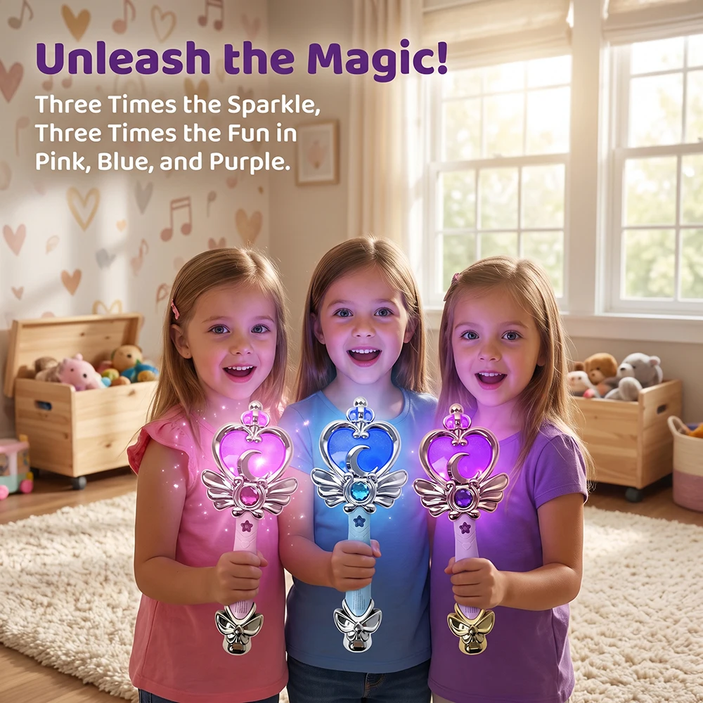 Three-Color Crown Magic Wand with Led Lights and Music, Various Lights and Melodies, Shiny Fairy Wand for Girls, Fashionable Festival Party Wand, Girls' Costume Props, Stage Performance Props Birthday Gifts, Holiday Gi