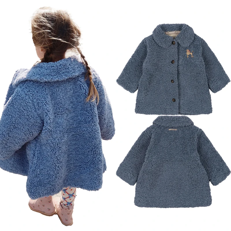 2024 New Winter Children Blue Plush Jacket Girl Autumn Winter Warm Cotton Clothing Kids Cute Coat