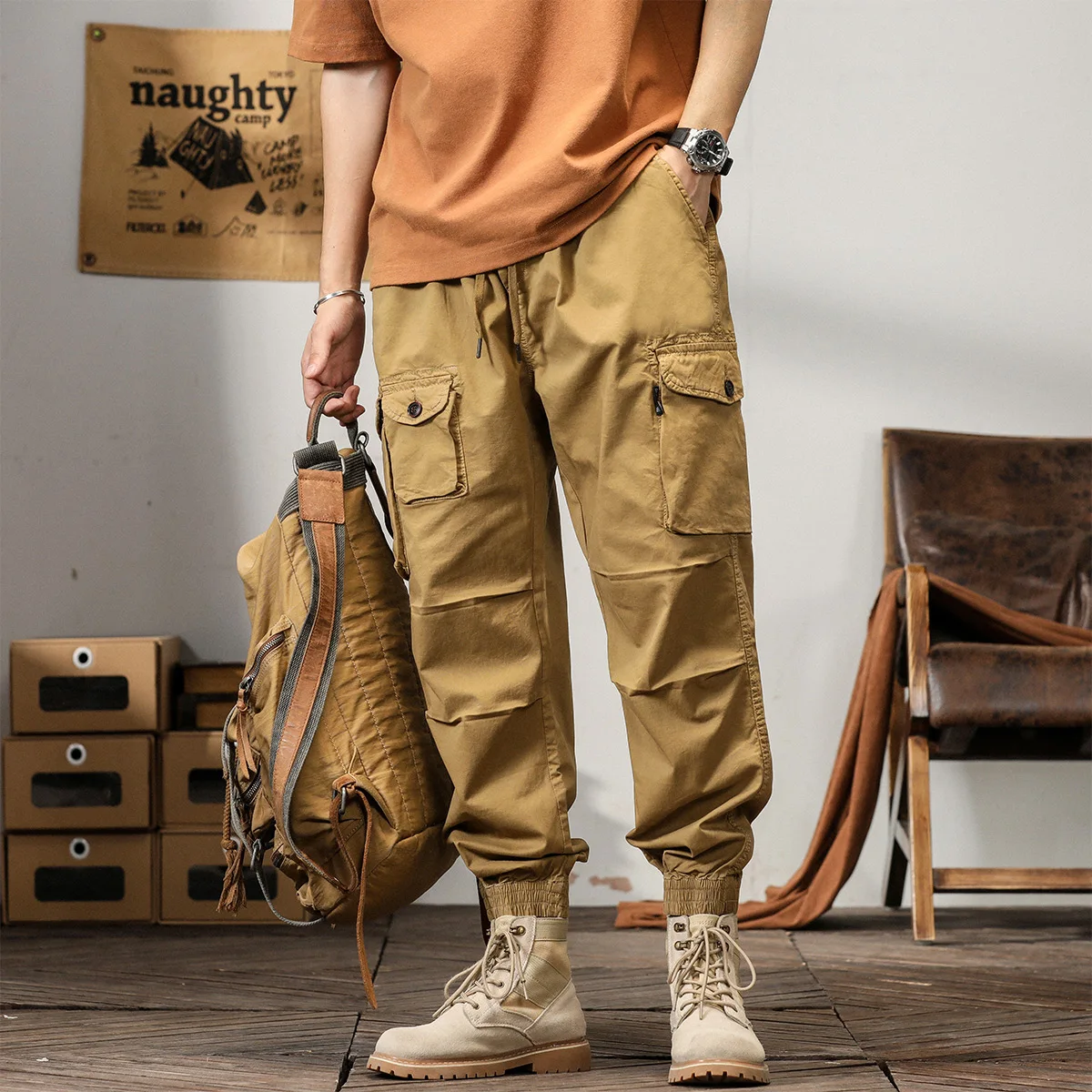 

Cargo Pants Man's High Waist Drawstring Fashion Workwear Casual Trousers Trend Slim High Street Straight Ninth Pants Streetwear