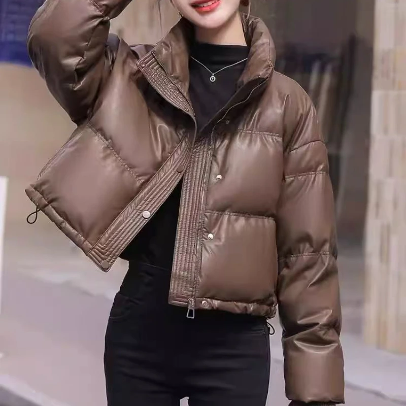 2024 Winter New Wash Free PU Short Down Coats for Women Thickened Stand Collar Kendou Style Down Coats Suitable for Short Women