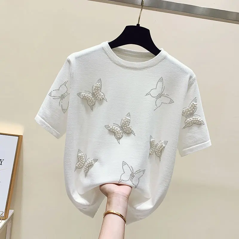 Clothes For Women Summer Fashion Beaded Chic Ice Silk Knitted T-shirt Elegant O Neck Short Sleeve Loose Pullover Tops