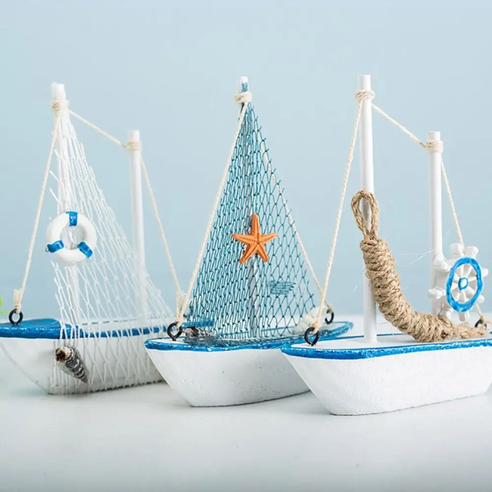 Mediterranean Style Sailing Boat Model Handmade Fishing Net Accent Wooden Ship Ornament Shells Accent Wooden Miniature Sailboat