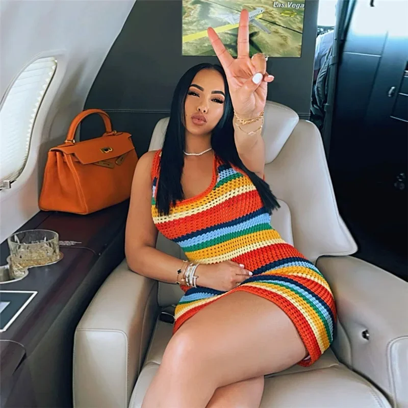Mulheres painéis listrado malha oco para fora mini vestido casual tanque sem mangas bodycon menina quente streetwear outfit