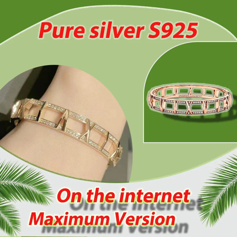 

Браслет с полыми римскими цифрами и бриллиантами, инкрустированный из чистого серебра S925, высококачественный браслет со светочувствительной поверхностью, серия TCO