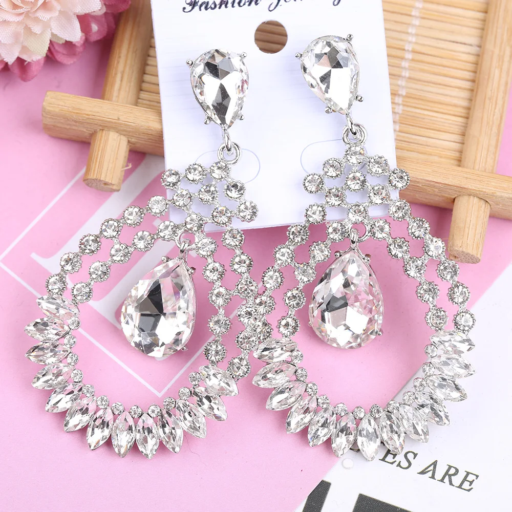 Formal Jewelry Bridesmaid Wholesale Long Hollow Teardrop Champagne Gray Crystal Rhinestone Chandelier Drop Earrings for Women