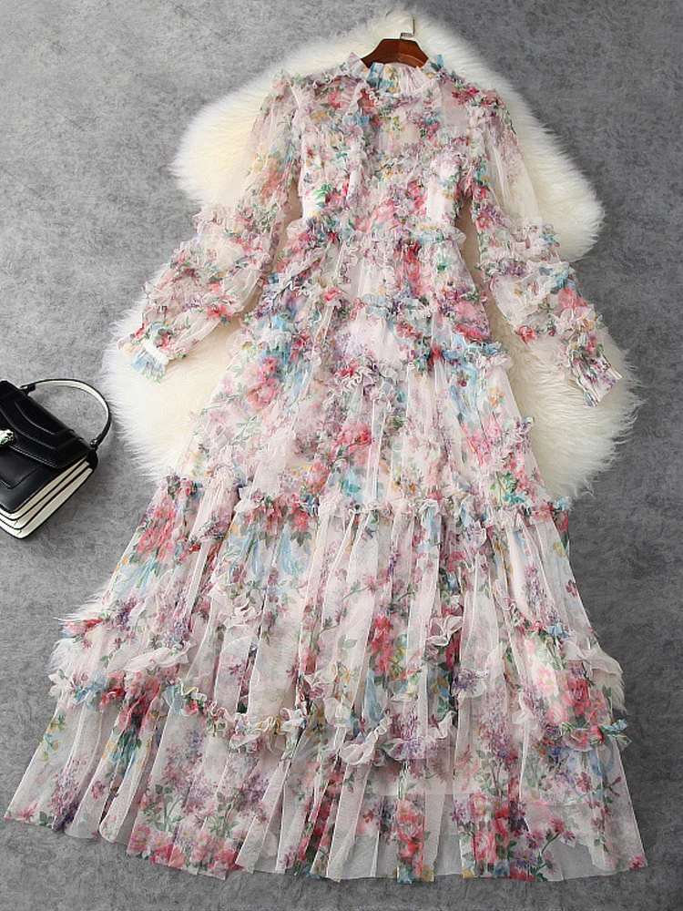 Runway Fashion High Quality New Sunscreen Spring Luxury Women\'S Vintage Elegant Sexy Bohemian Print Casual Party Mesh Long Dress