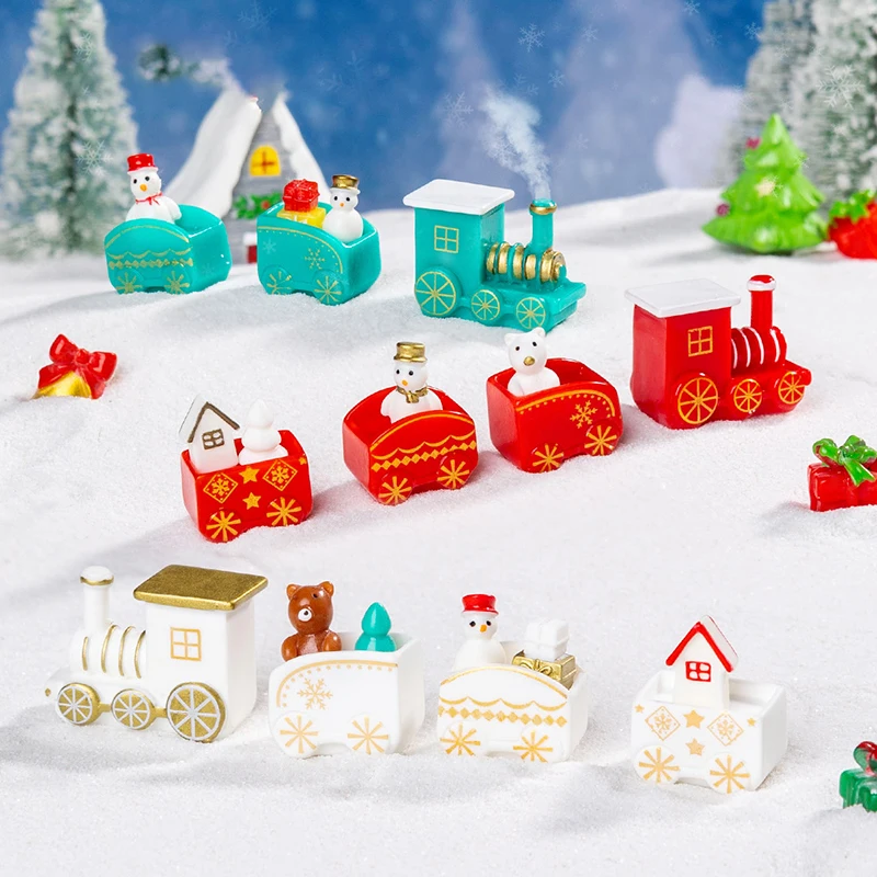 Kawaii Christmas Snowman Train Statue Micro Landscape Cartoon Miniature Ornament DIY Home Desktop Decoration Resin Crafts