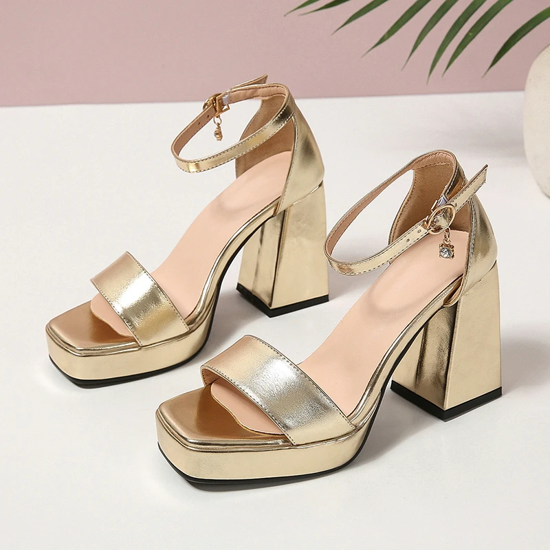 2024 Summer Open Toe Shiny Golden Silver Platform Women\'s Shoes Block High Heels Ankle Wrap Sexy Party Wedding Luxury Sandals