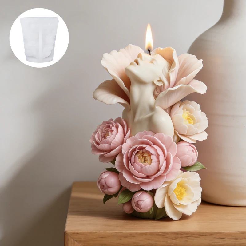 3D Flower Surround Woman Candle Silicone Mold Peony Lady Head Sculpture Aroma Soap Wax Gypsum Craft Mold Home Decor view 5
