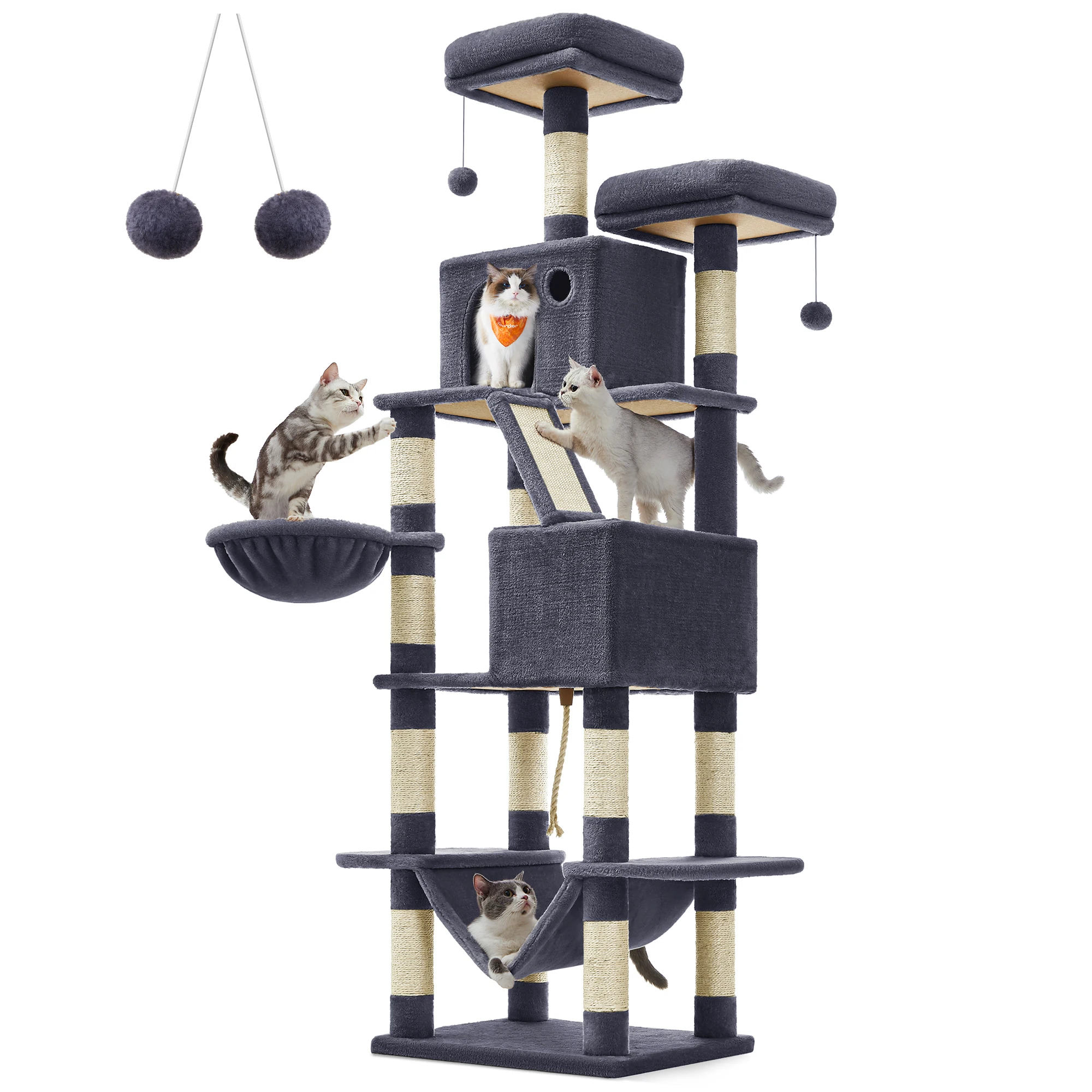 Feandrea Krabpaal Groot, 206 Cm Hoog, Xxl Kattenboom, Met 13 Krabpilaren, 2 Platforms, 2 Grotten Mand Hangmat Pluche Ballen
