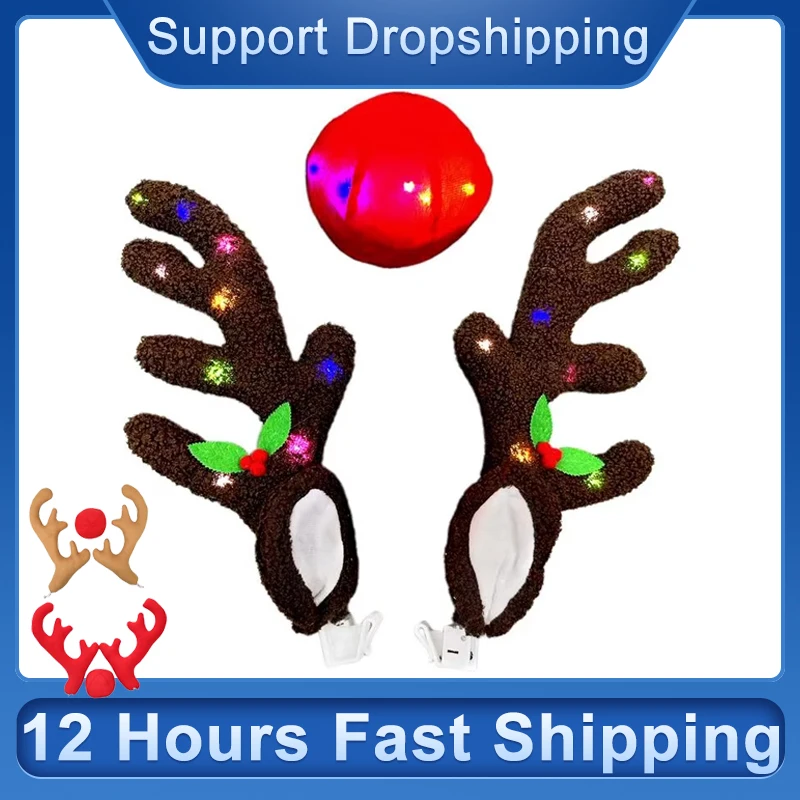 

Car Reindeer Antlers&Nose Window Roof and Grille Rudolph Reindeer Christmas Costume Accessories Decoration Kit with LED Lights